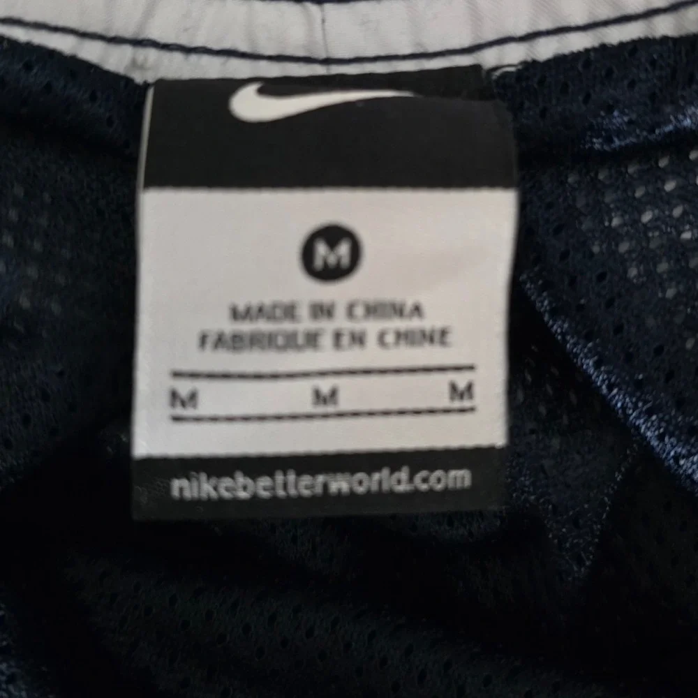 Nike Swim Board Shorts Mens M Navy Blue White Lined Drawstring Big Logo Trunks
